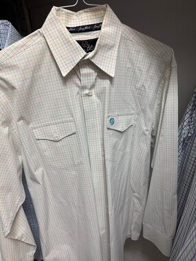 George Strait White Long-Sleeve Dress Shirt with Red & Green Windowpane